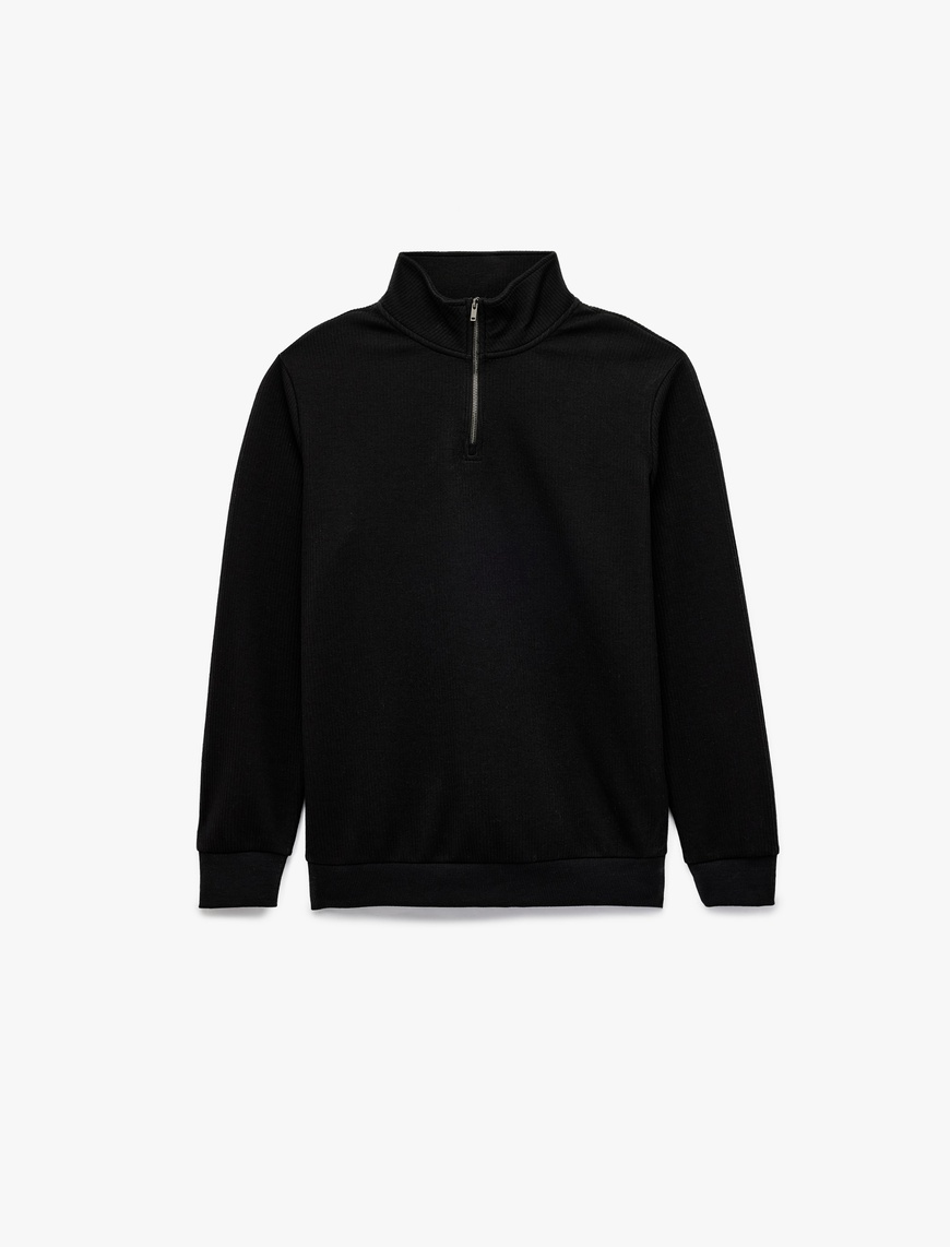   Dokulu Uzun Kollu Yarım Fermuarlı Sweatshirt