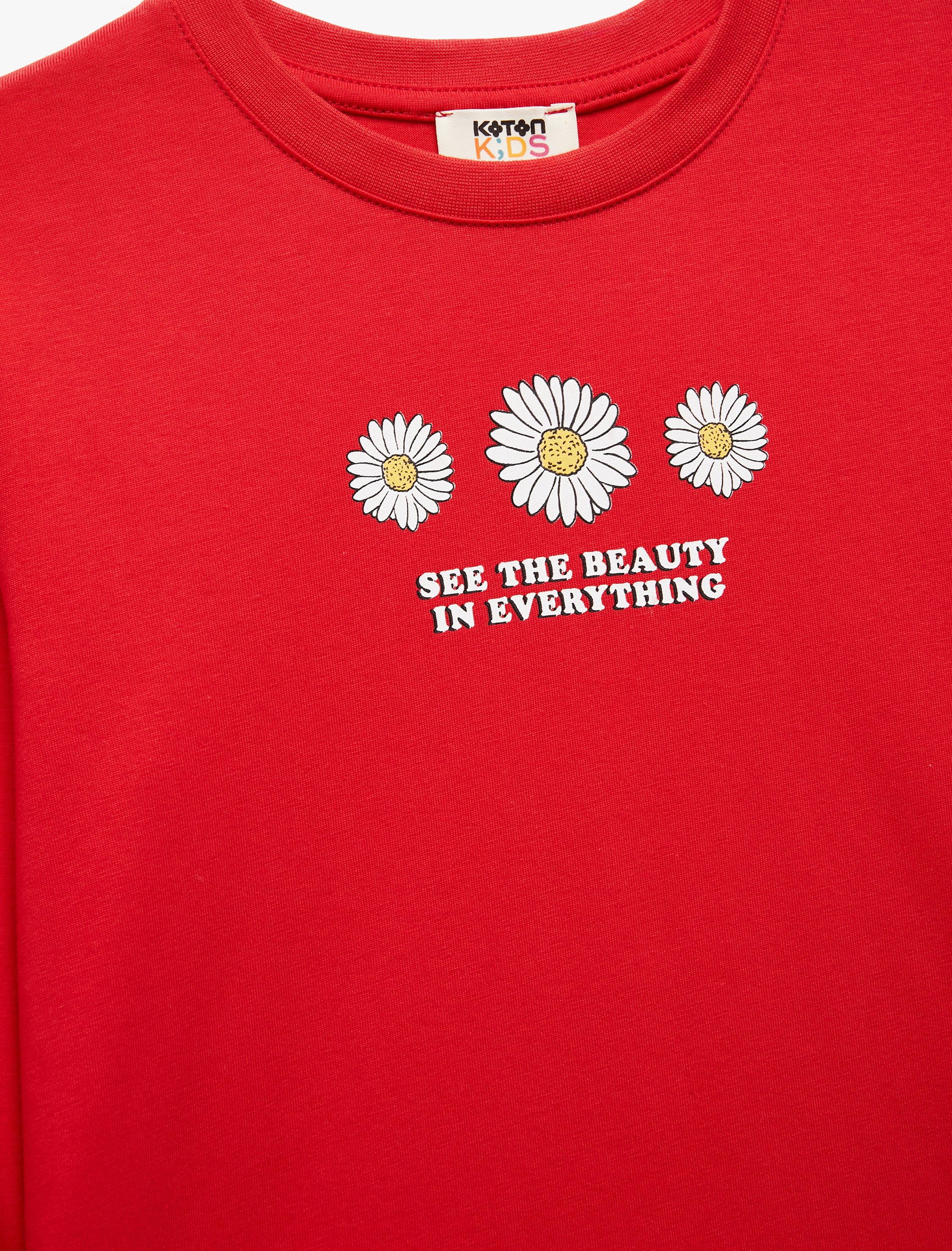  Kız Çocuk Uzun Kollu Bisiklet Yaka Çiçek Baskılı Pamuklu Tişört