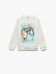 Baskılı Uzun Kollu Bisiklet Yaka Şardonlu Sweatshirt