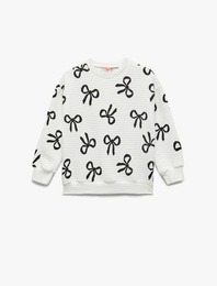 Fiyonk Baskılı Uzun Kollu Bisiklet Yaka Sweatshirt
