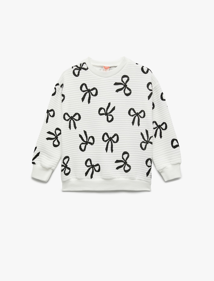 Kız Bebek Fiyonk Baskılı Uzun Kollu Bisiklet Yaka Sweatshirt