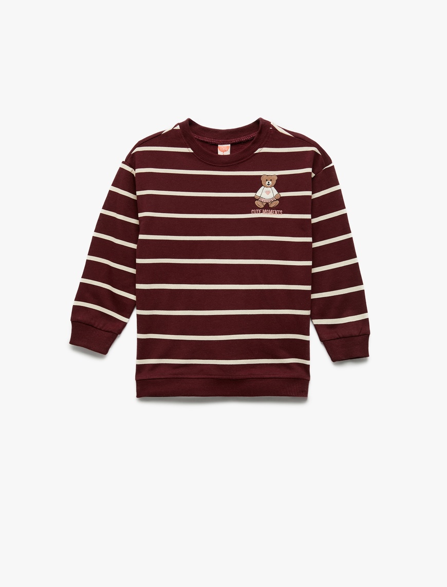  Kız Bebek Şardonlu Ayıcık Baskılı Uzun Kollu Bisiklet Yaka Çizgili Sweatshirt