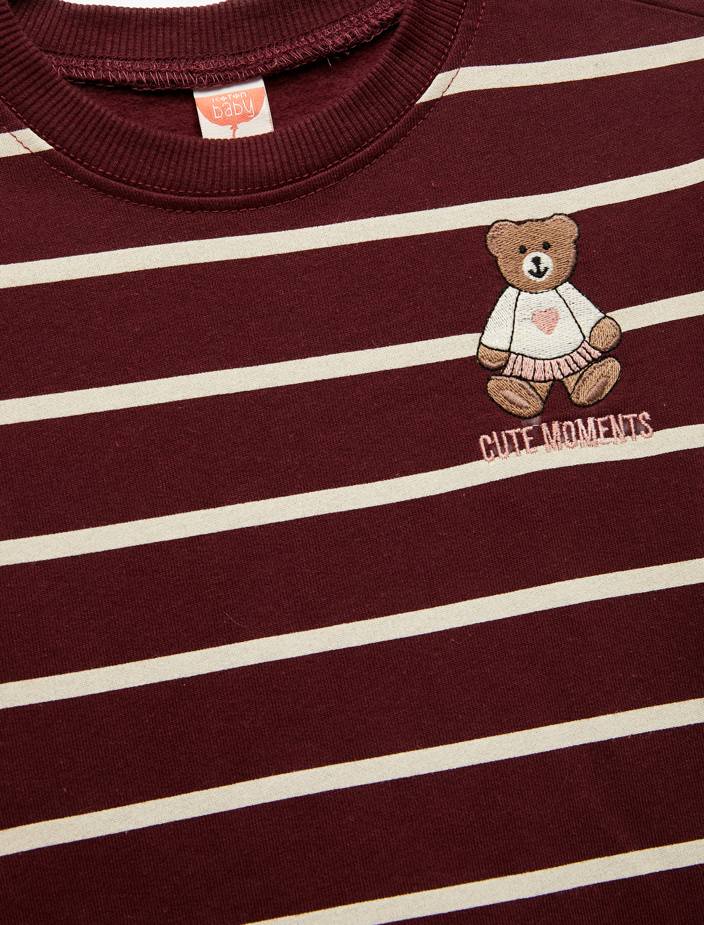  Kız Bebek Şardonlu Ayıcık Baskılı Uzun Kollu Bisiklet Yaka Çizgili Sweatshirt