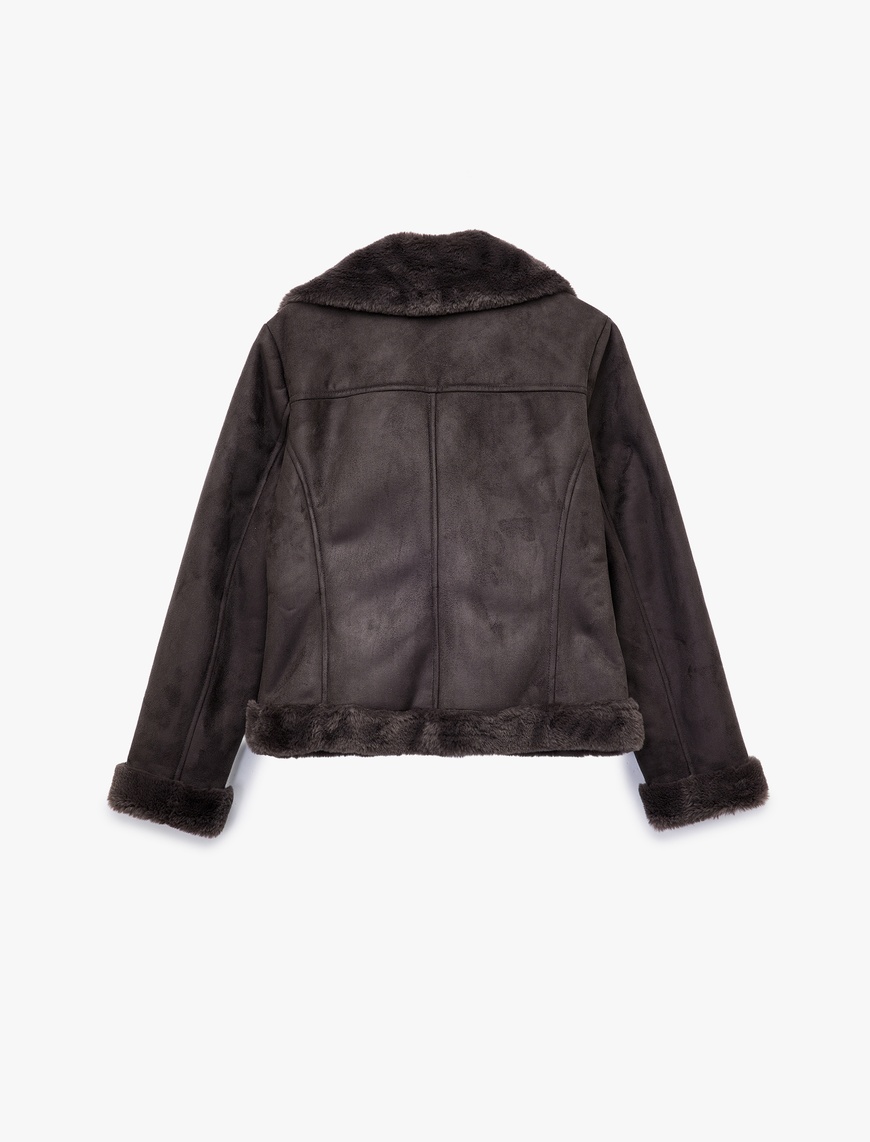   Cepli Fermuarlı Uzun Kollu Peluş Yaka Süet Görünümlü Crop Biker Ceket