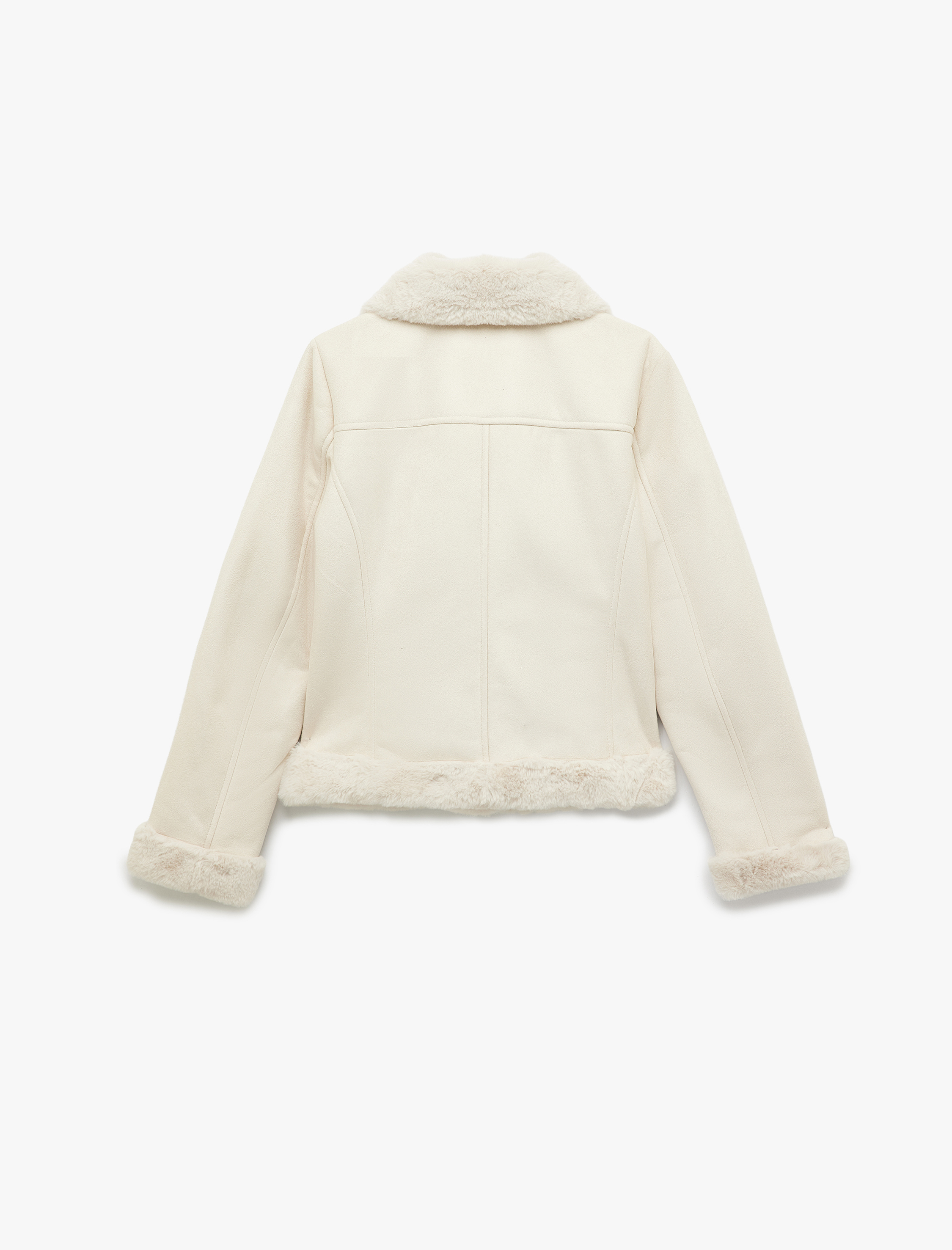   Cepli Fermuarlı Uzun Kollu Peluş Yaka Süet Görünümlü Crop Biker Ceket