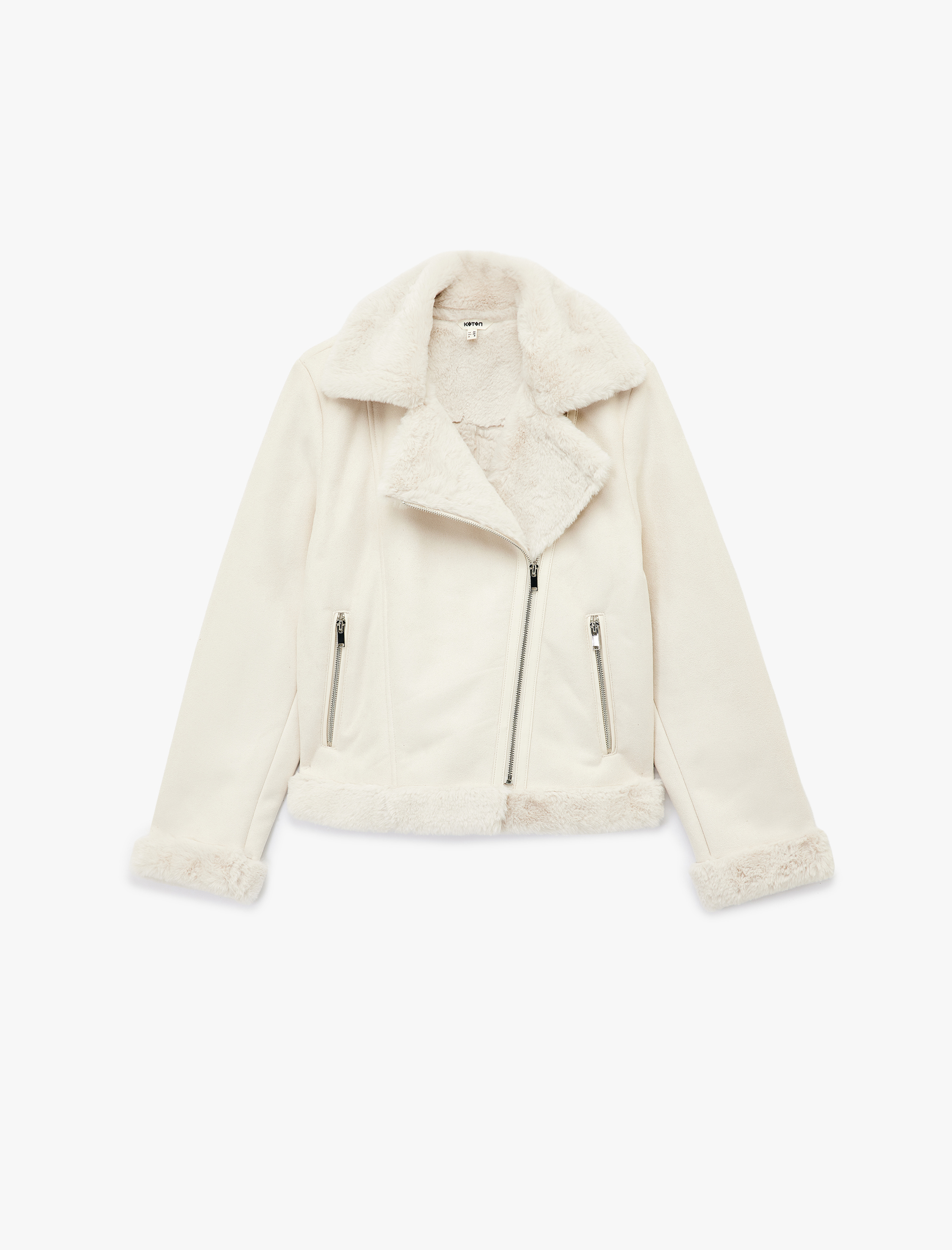   Cepli Fermuarlı Uzun Kollu Peluş Yaka Süet Görünümlü Crop Biker Ceket