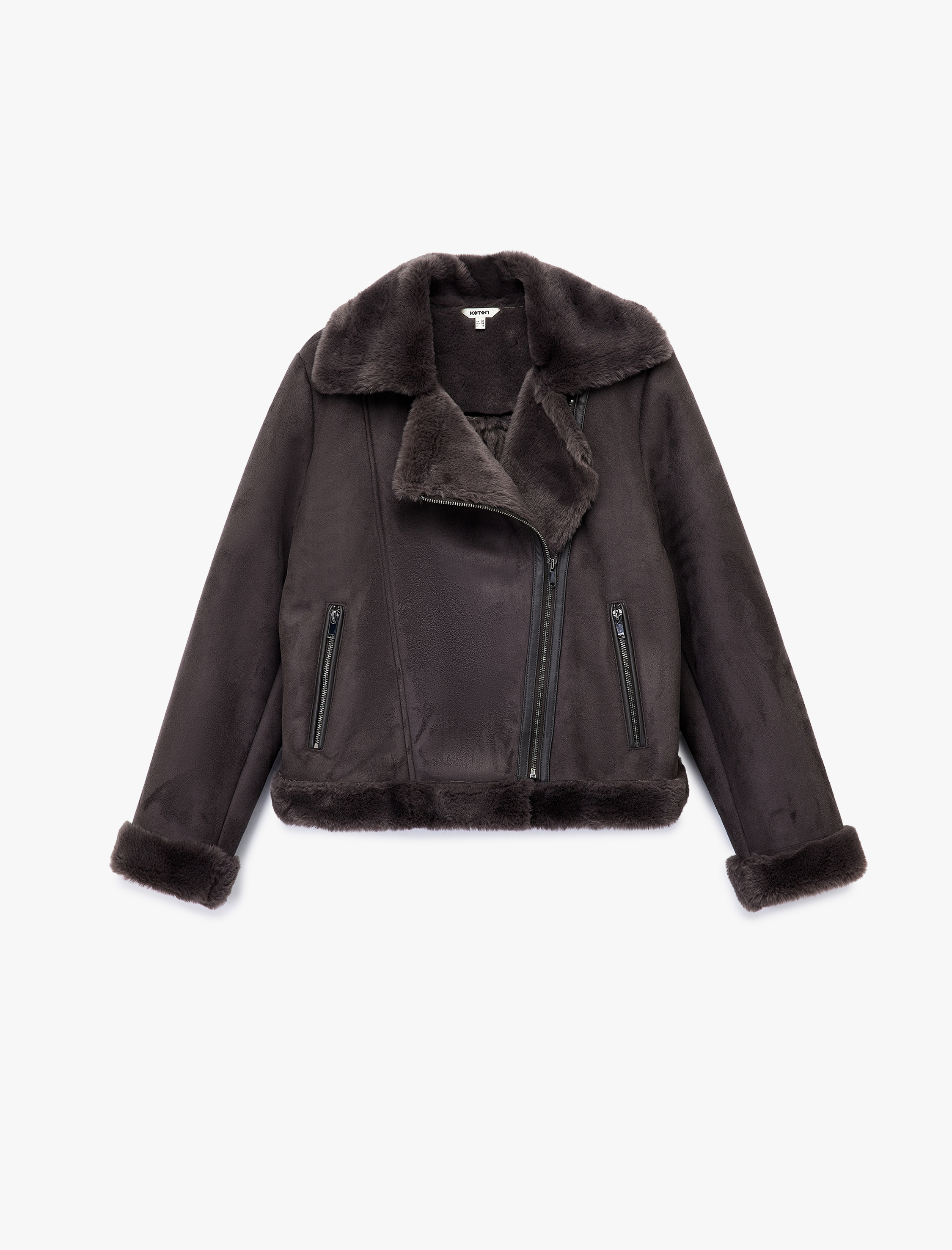   Cepli Fermuarlı Uzun Kollu Peluş Yaka Süet Görünümlü Crop Biker Ceket