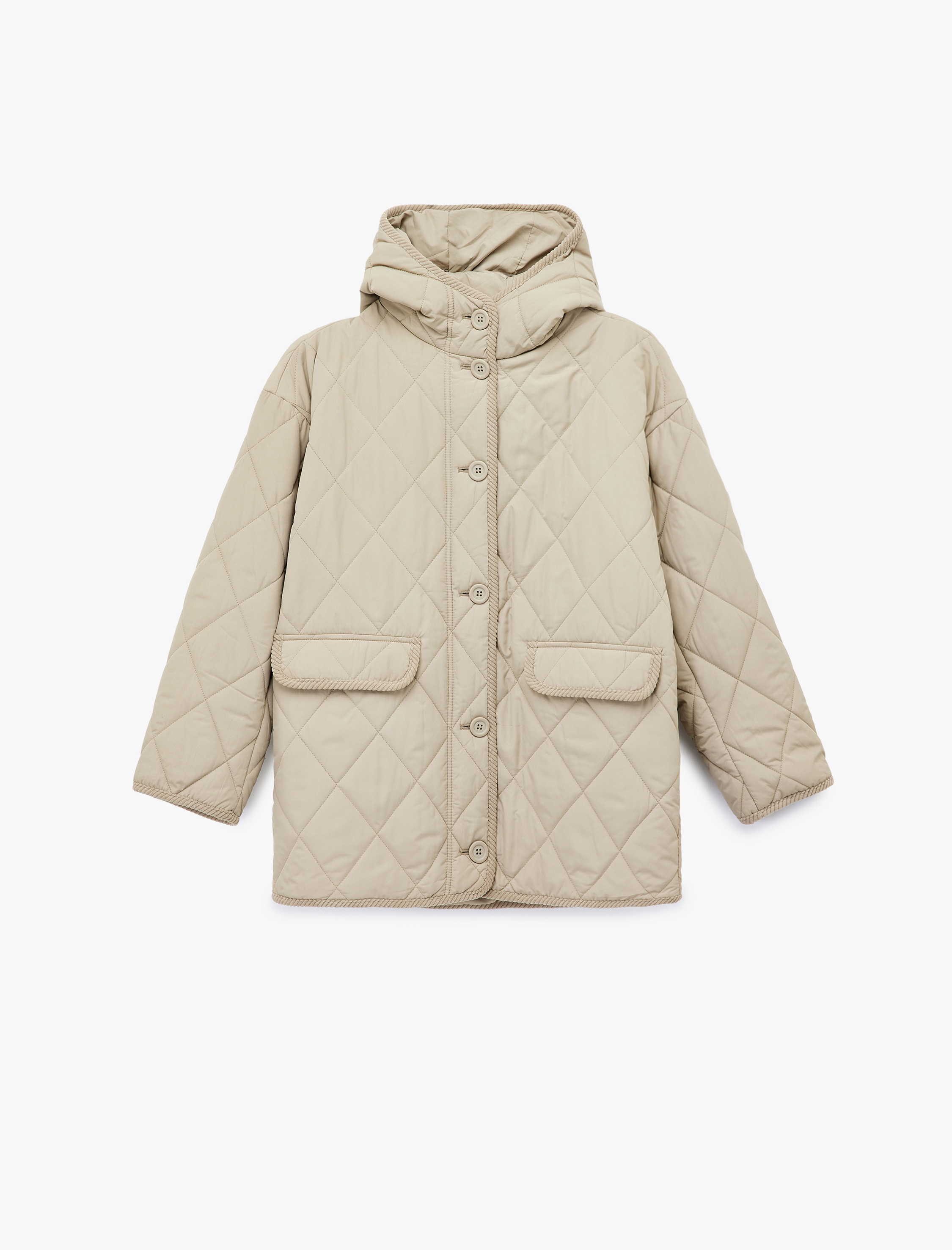   Uzun Kollu Düğmeli Cepli Kapüşonlu Kapitone Mont