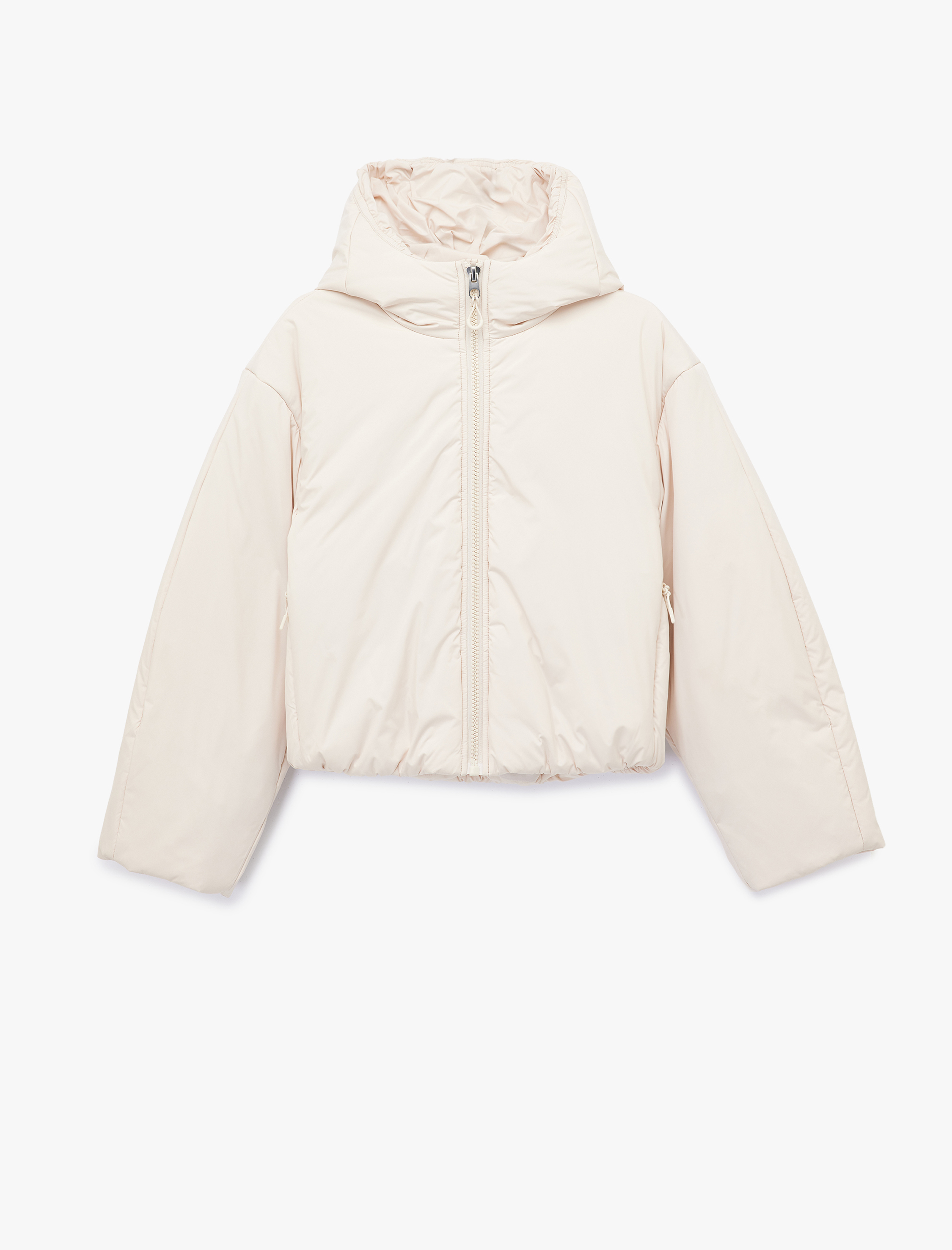   Fermuarlı Uzun Kollu Su İtici Kapüşonlu Crop Şişme Mont