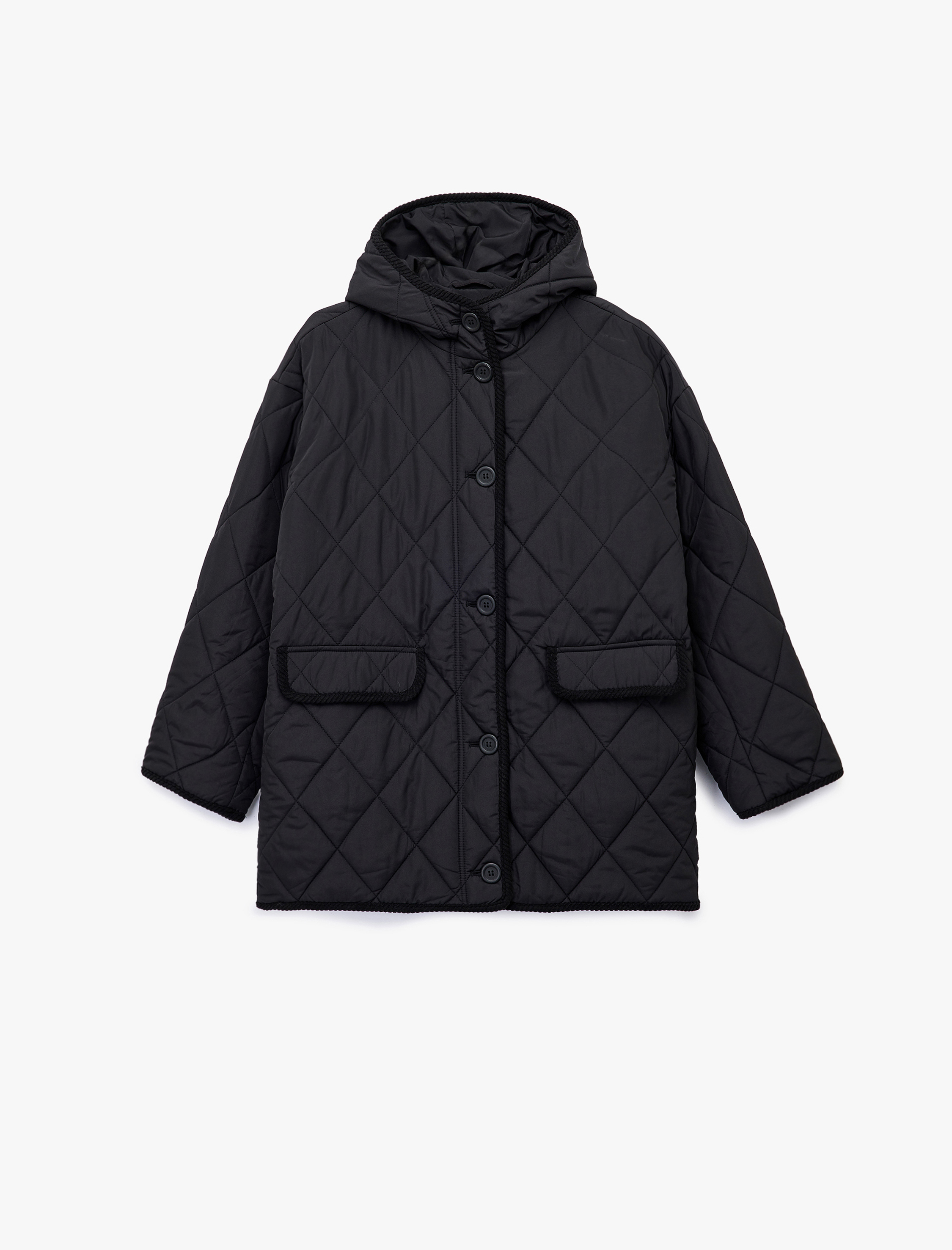   Uzun Kollu Düğmeli Cepli Kapüşonlu Kapitone Mont