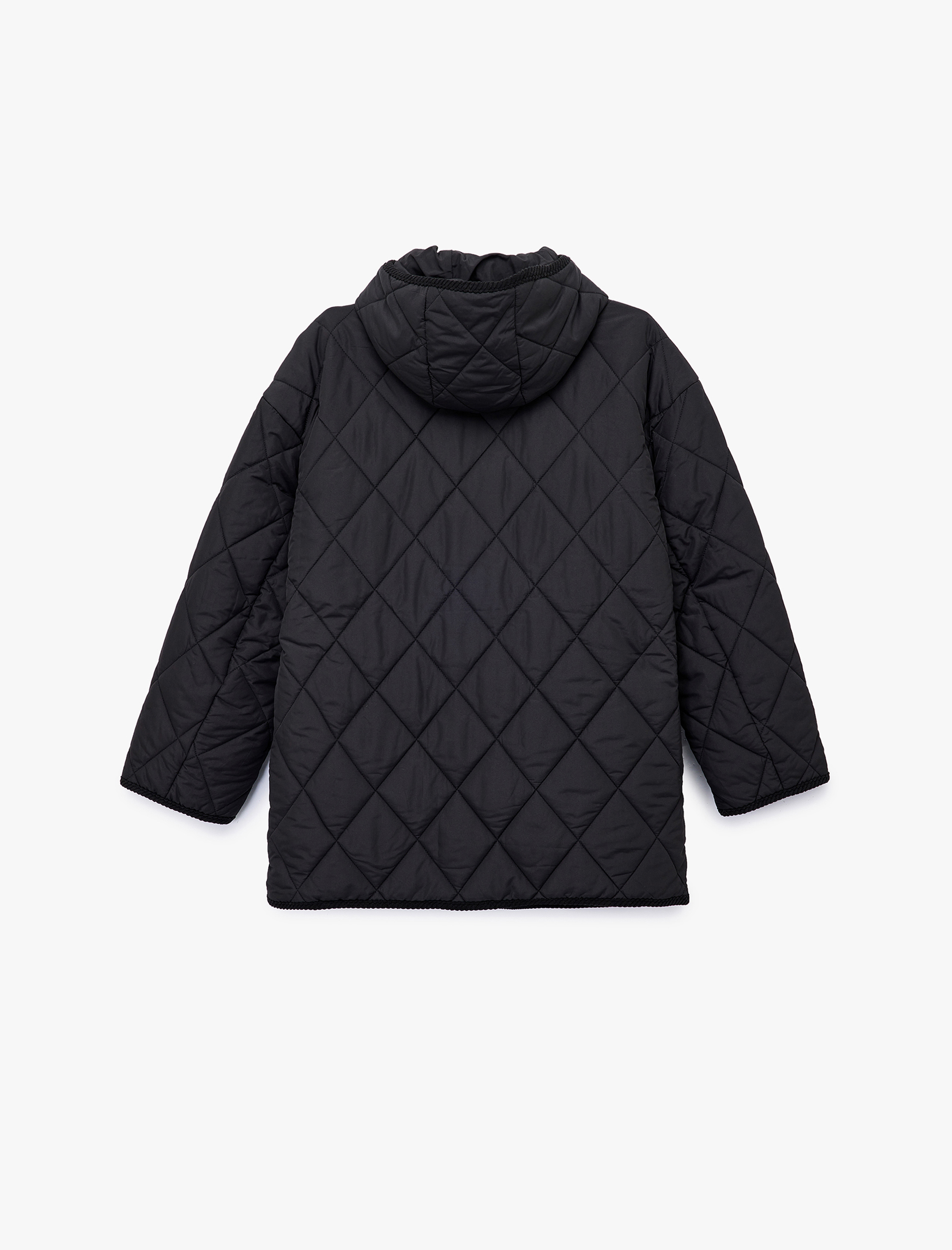   Uzun Kollu Düğmeli Cepli Kapüşonlu Kapitone Mont