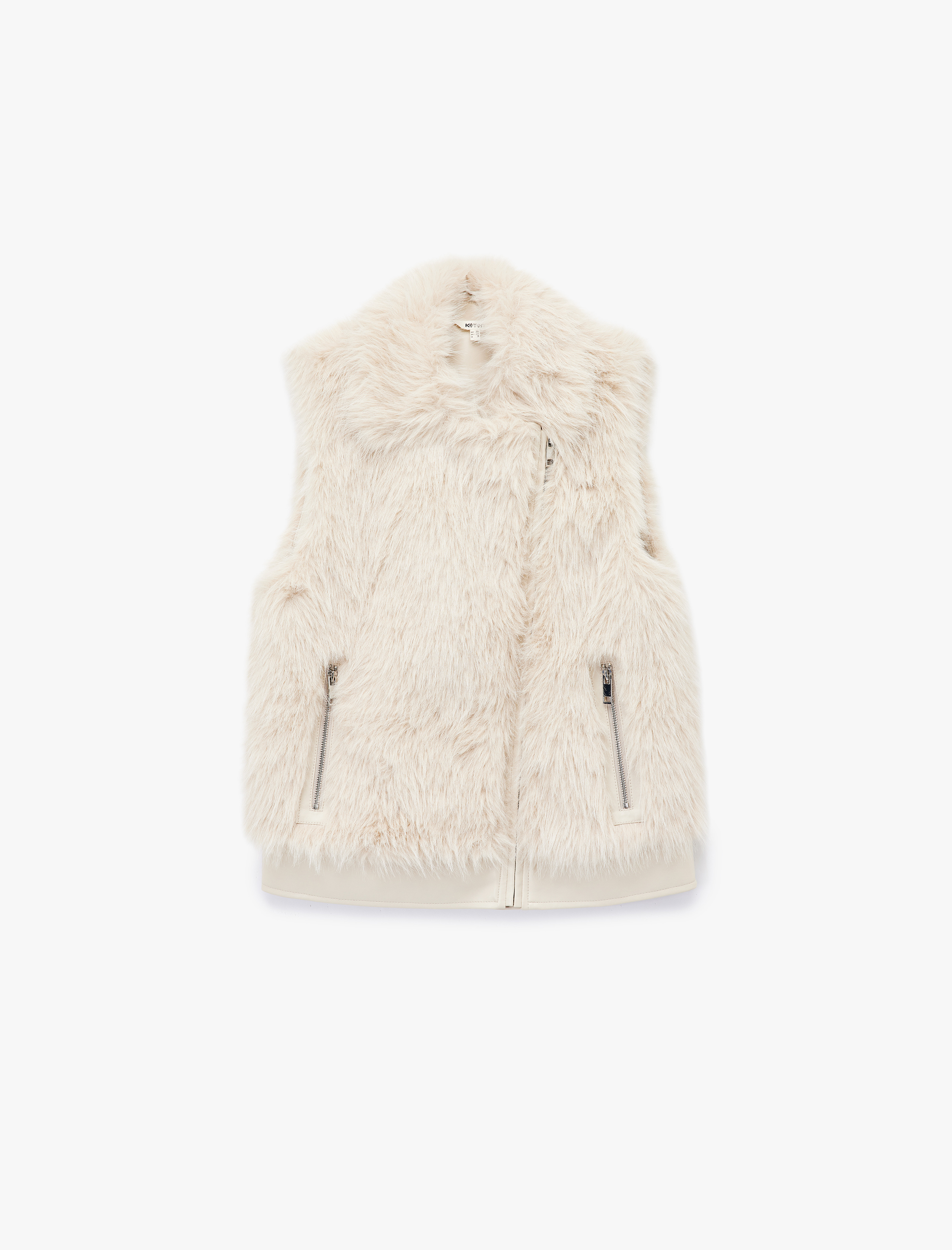   Kolsuz Fermuarlı Cepli Crop Suni Kürk Yelek