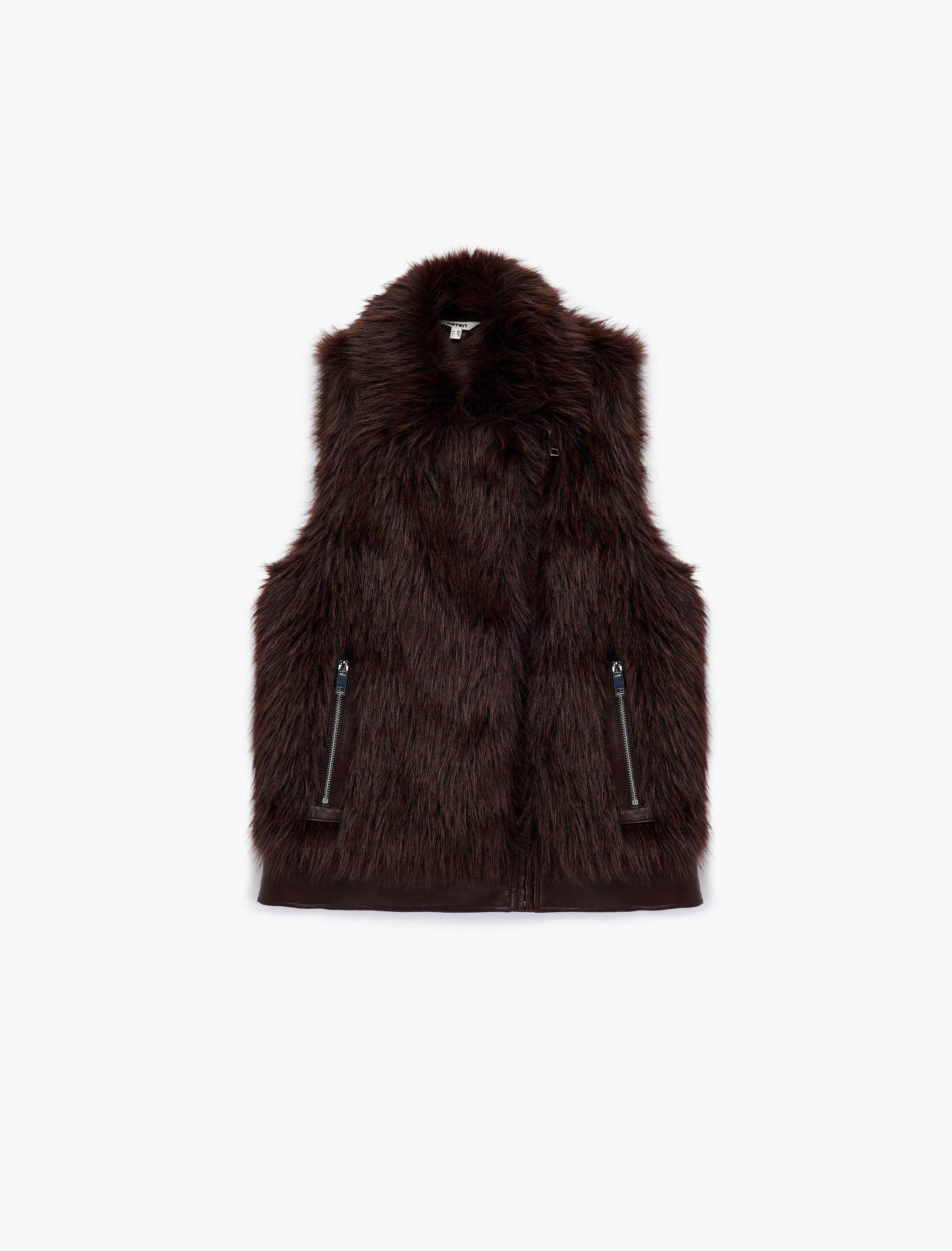   Kolsuz Fermuarlı Cepli Crop Suni Kürk Yelek