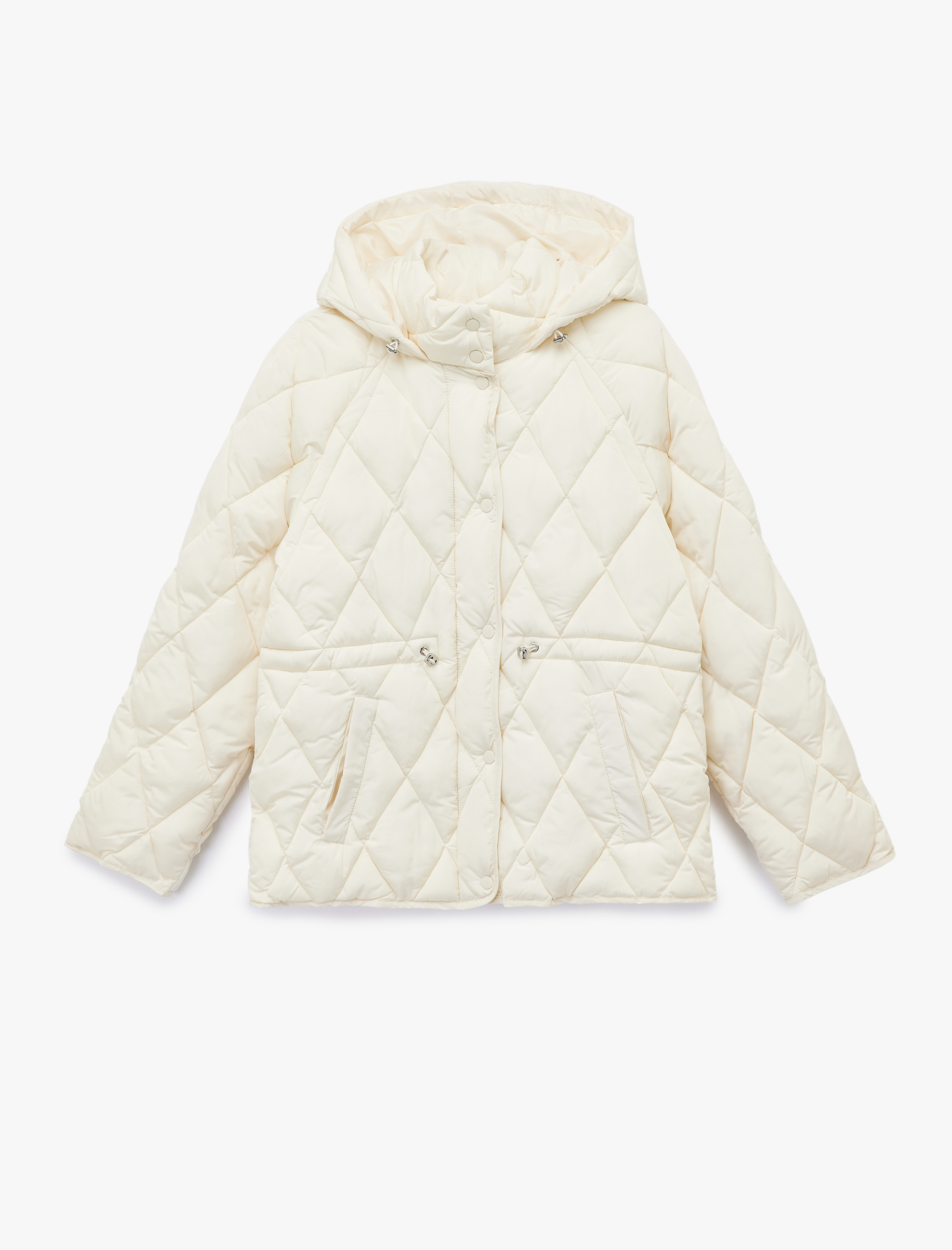   Beli Bağcıklı Uzun Kollu Cepli Su İtici Kapüşonlu Kapitone Şişme Mont