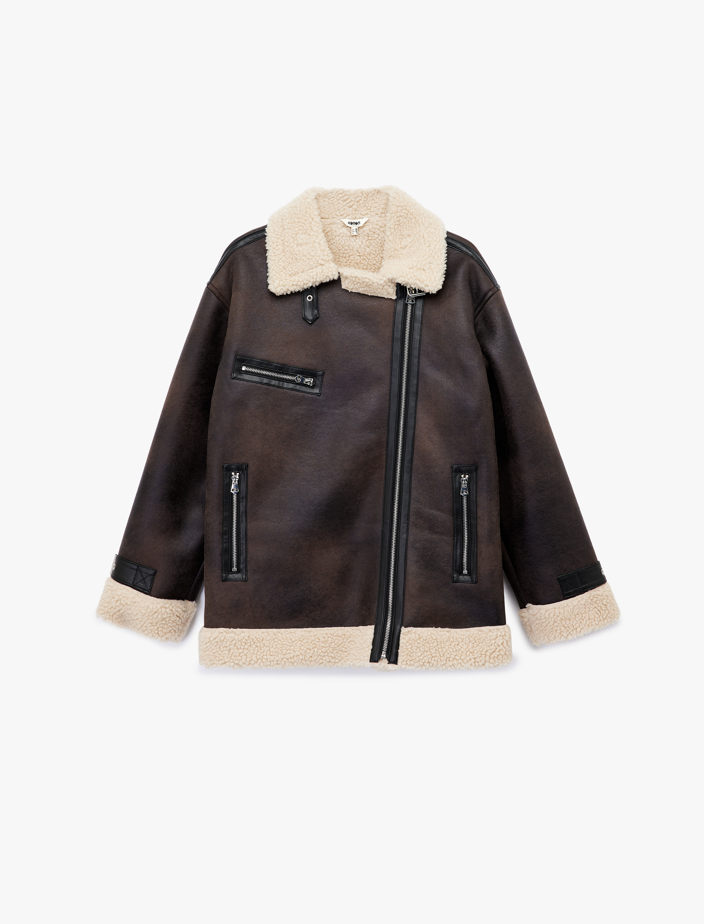   Peluş Yaka Astarlı Uzun Kollu Cepli Fermuarlı Deri Görünümlü Ceket