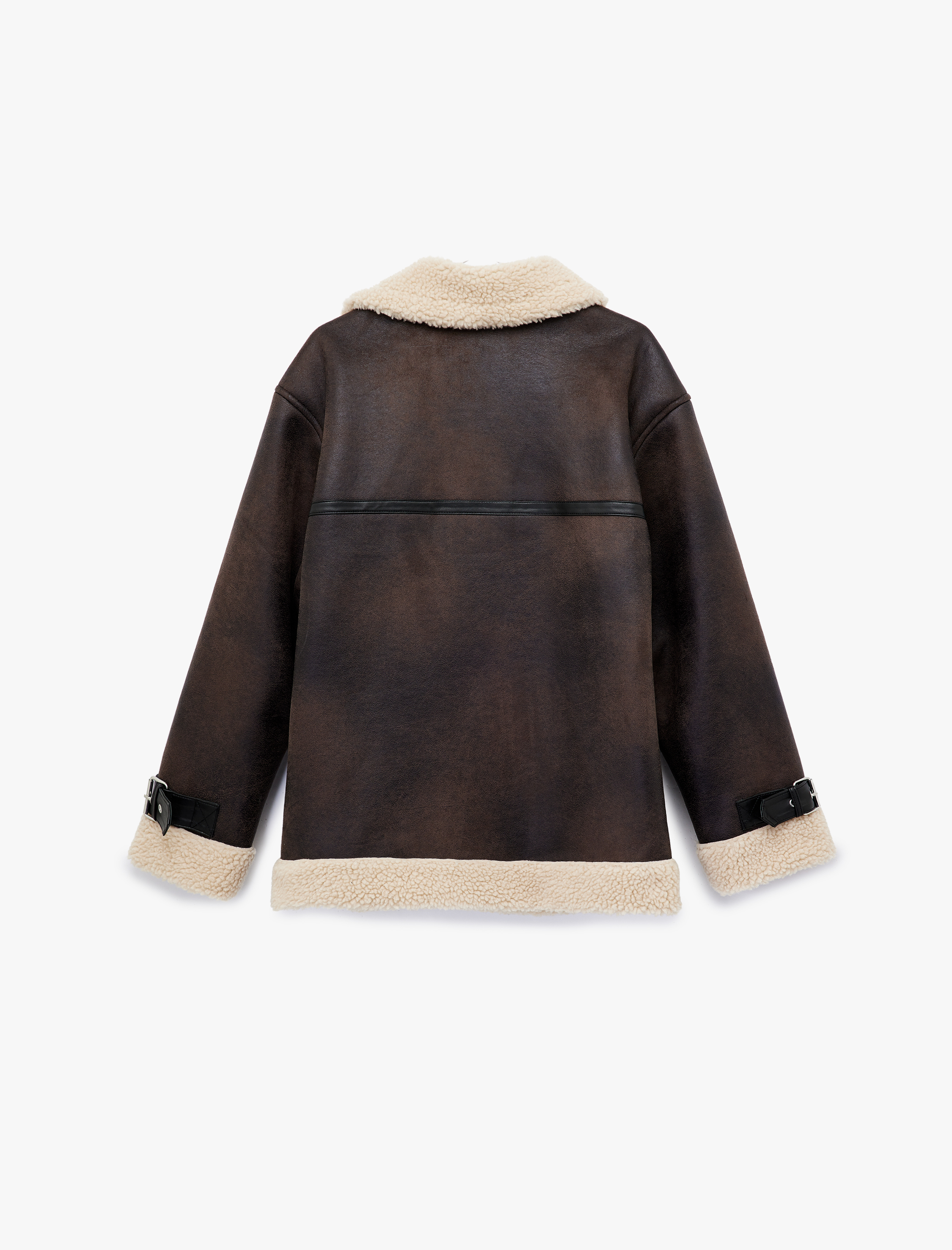   Peluş Yaka Astarlı Uzun Kollu Cepli Fermuarlı Deri Görünümlü Ceket