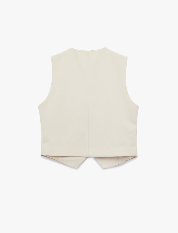  Viskon Karışımlı Slim Fit Bağlama Detaylı Crop Kruvaze Yaka Asimetrik Yelek