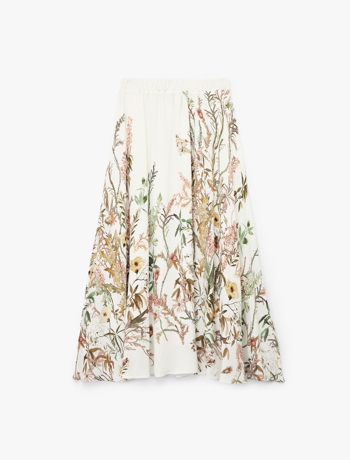  Astarlı Viskon Kumaş Yüksek Bel Midi Çiçekli Kloş Etek