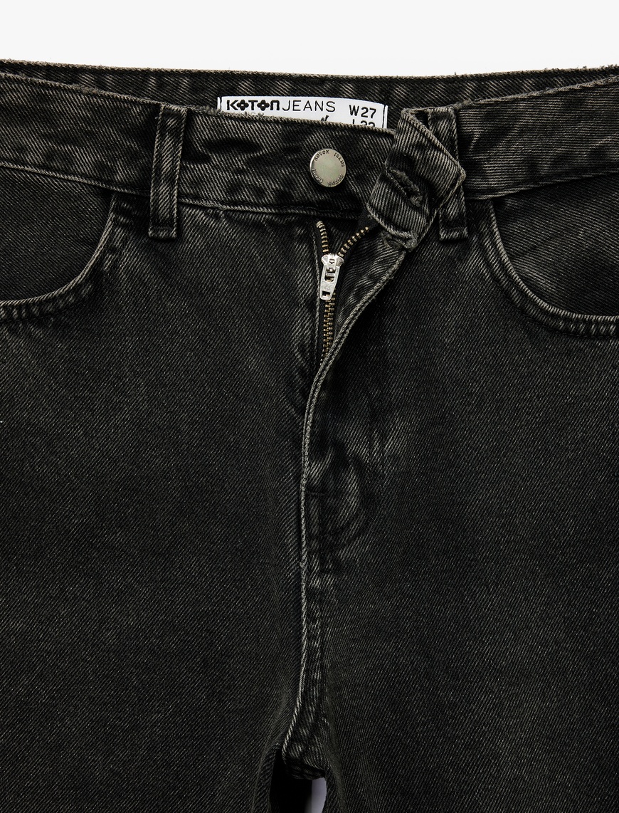   Pamuklu Düğmeli Geniş Paça Taş Detaylı Jean Pantolon -  Wide Leg Jeans