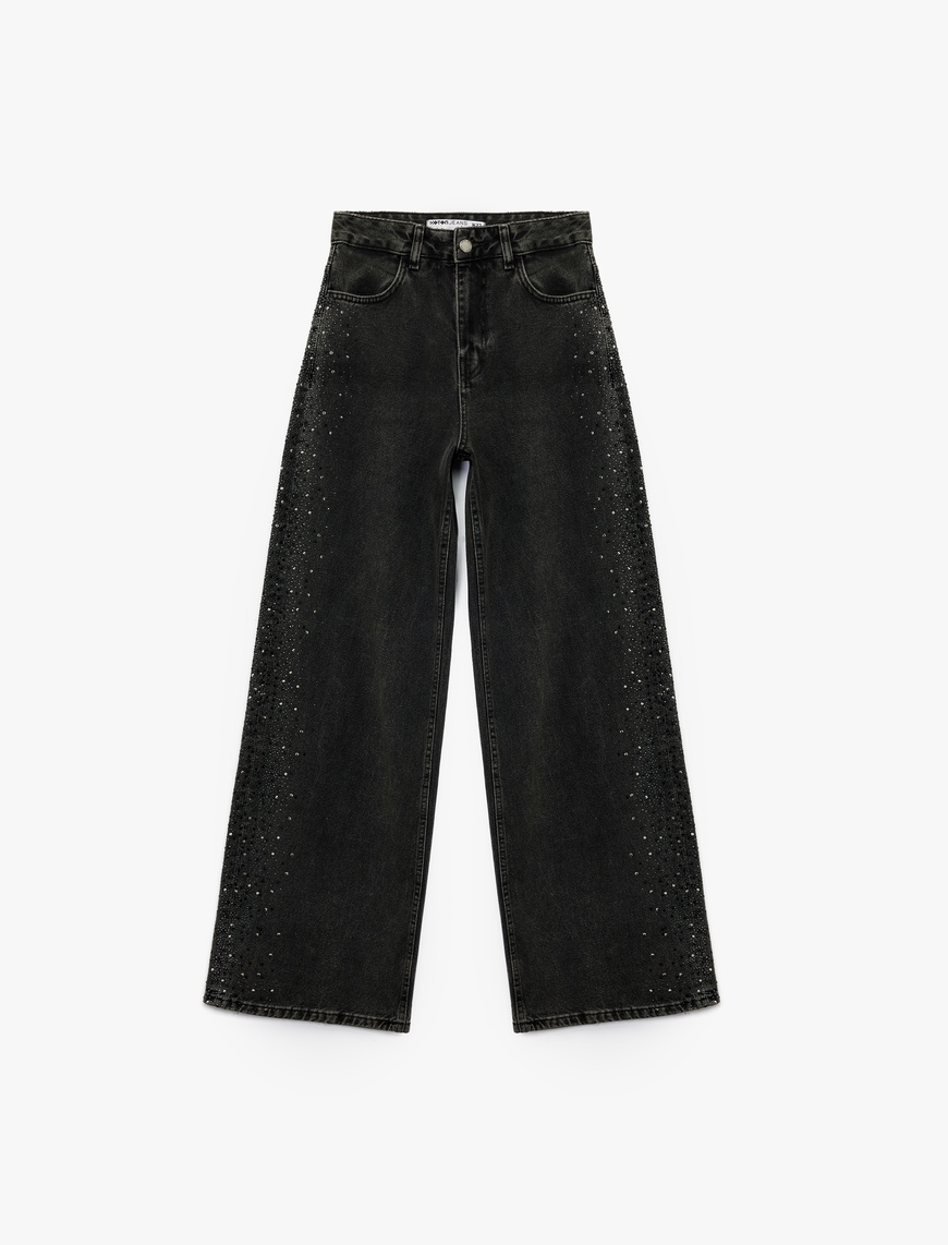   Pamuklu Düğmeli Geniş Paça Taş Detaylı Jean Pantolon -  Wide Leg Jeans