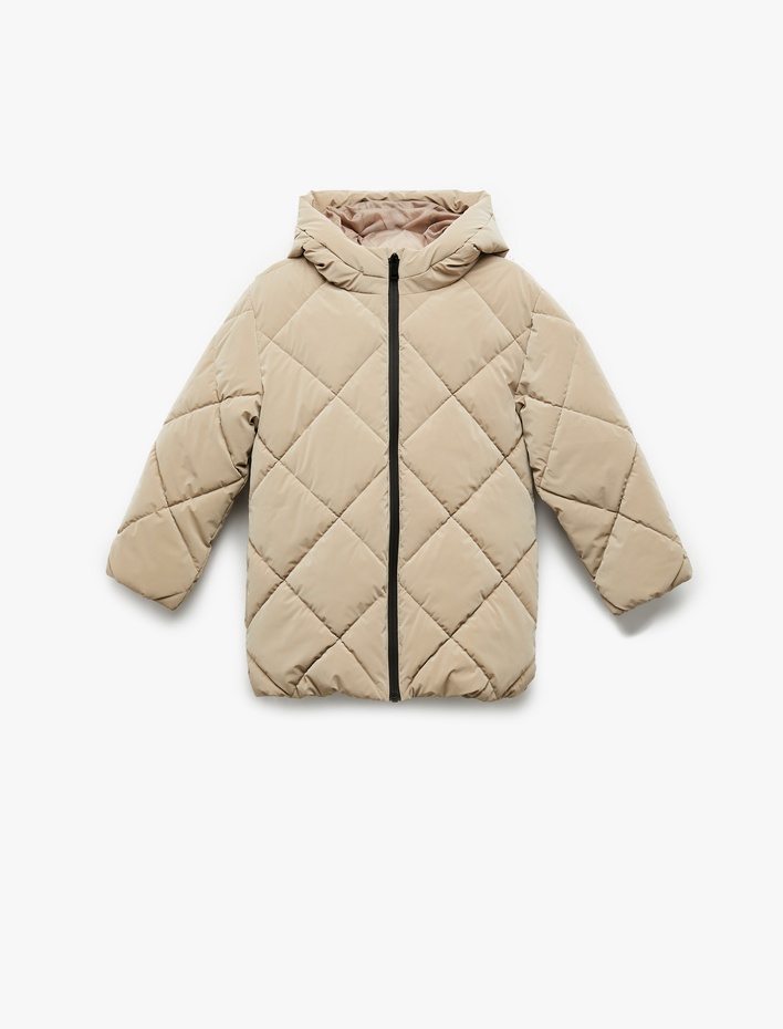 Kız Çocuk Uzun Kollu Fermuarlı Kapitone Kapşonlu Şişme Mont