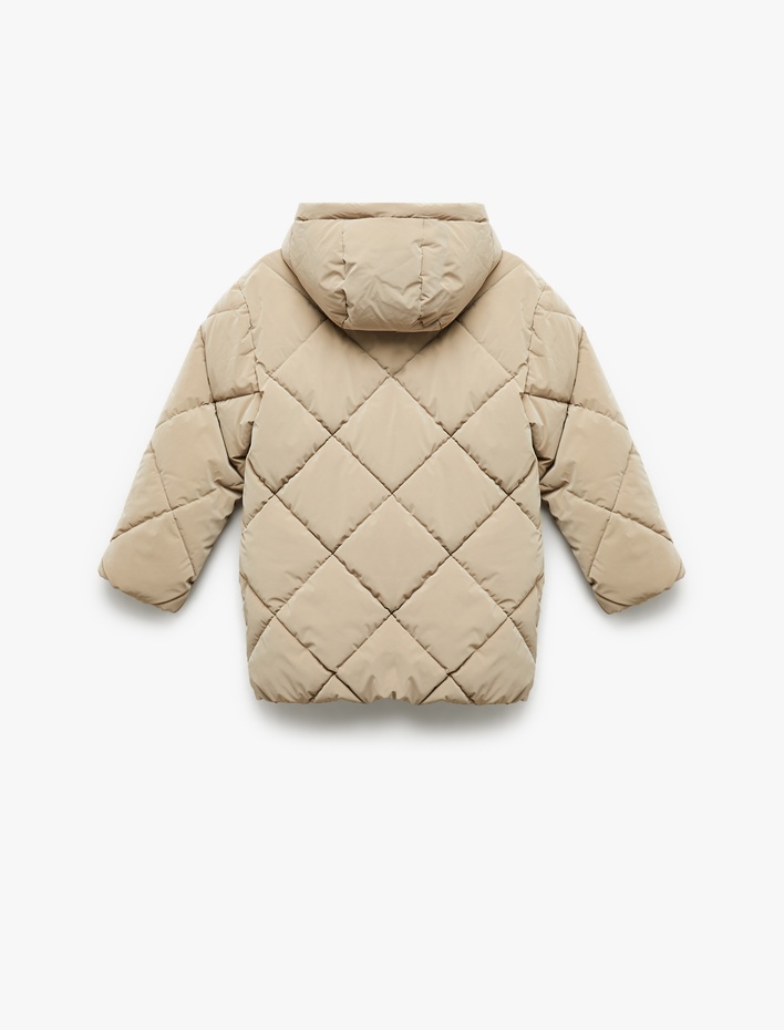 Kız Çocuk Uzun Kollu Fermuarlı Kapitone Kapşonlu Şişme Mont