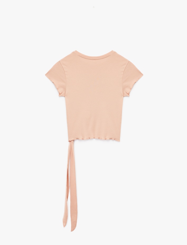  Kuşak Detaylı Kısa Kollu Bisiklet Yaka Pamuklu Baskılı Tişört