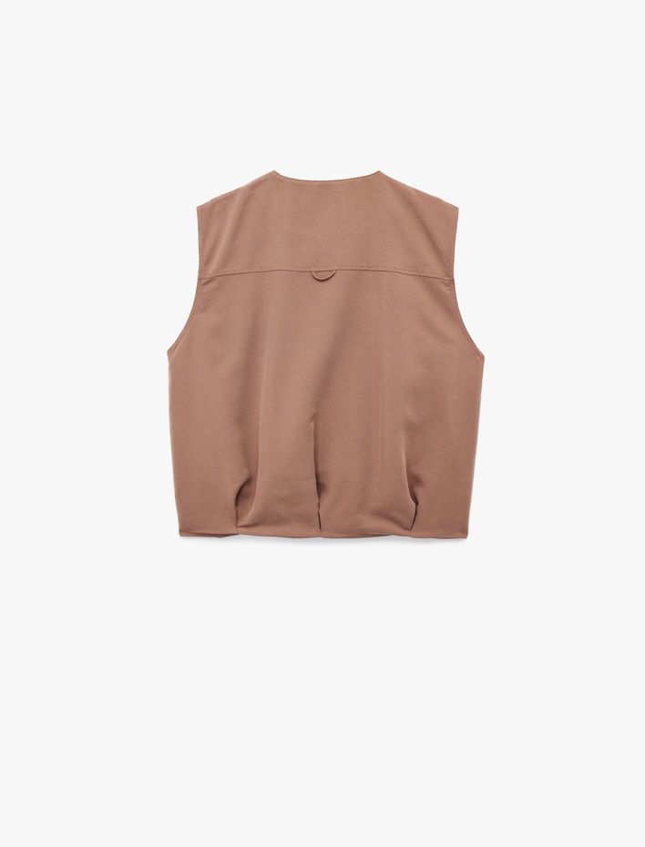  Modal Karışımlı Cep Detaylı Kolsuz Bisiklet Yaka Bol Kalıp Büzgülü Fermuarlı Yelek