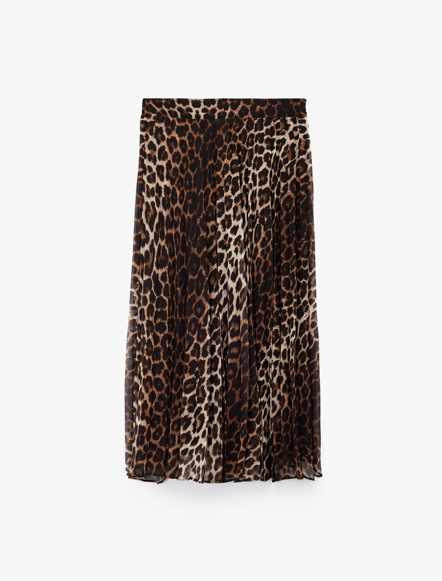   Leopar Desenli Midi Pileli Etek