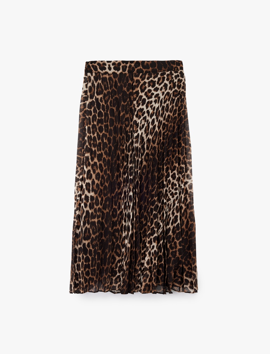   Leopar Desenli Midi Pileli Etek