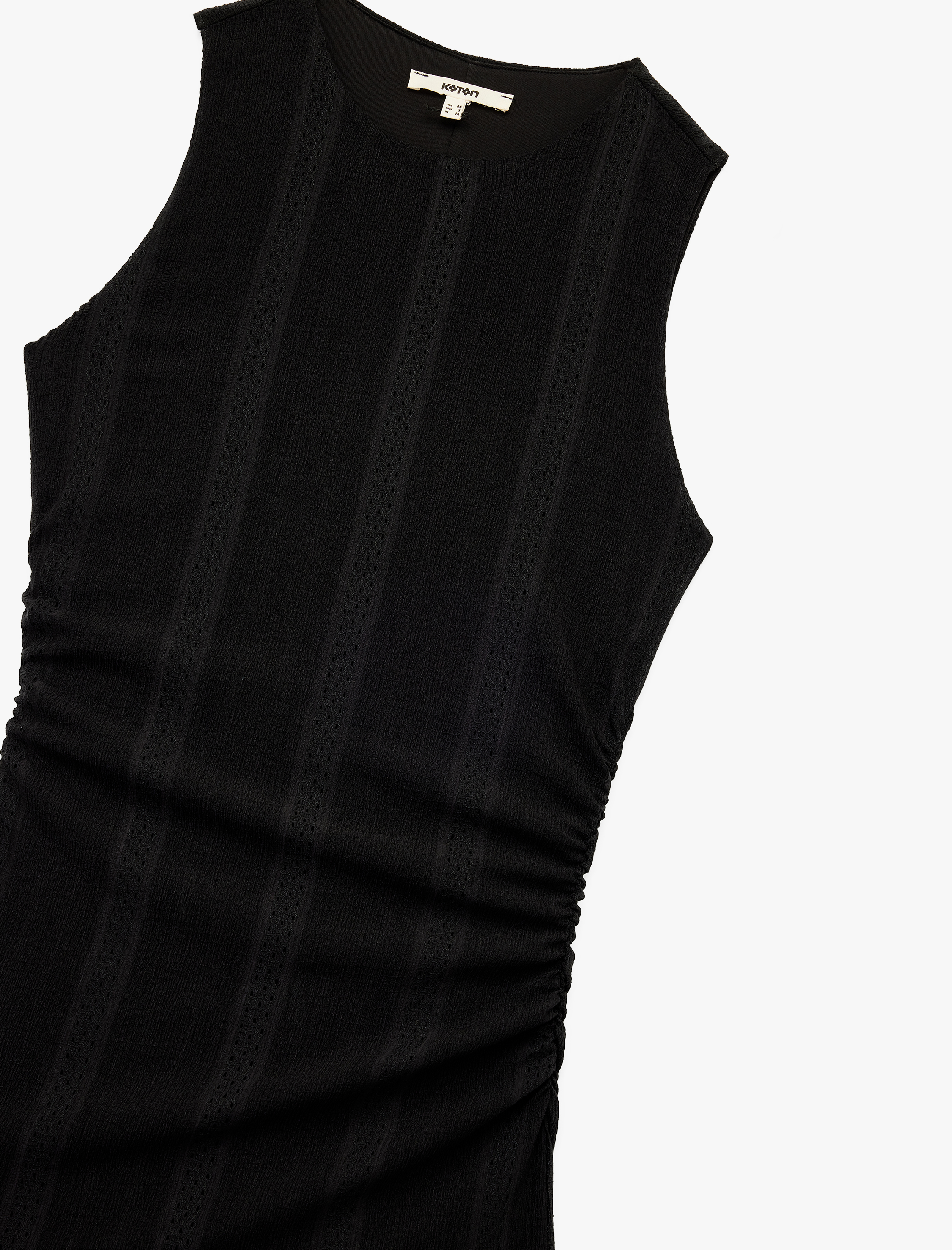   Kolsuz Slim Fit Bisiklet Yaka Çizgili Midi Büzgülü Elbise