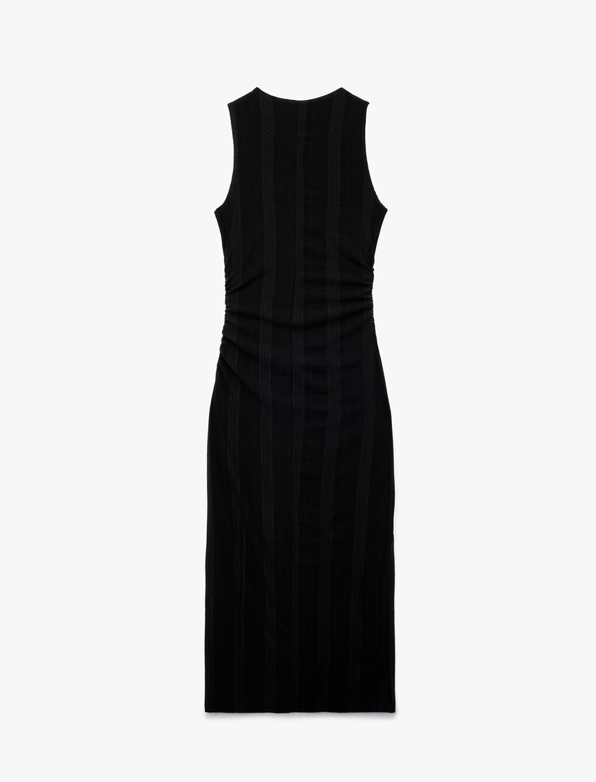   Kolsuz Slim Fit Bisiklet Yaka Çizgili Midi Büzgülü Elbise