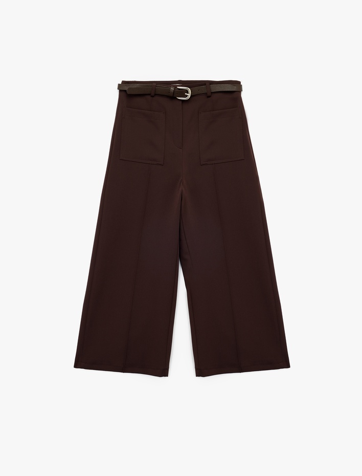  Kemerli Aplike Cepli Culotte Fit Kısa Geniş Paça Kumaş Pantolon