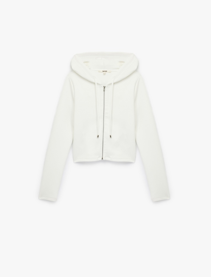  Uzun Kollu Viskon Karışımlı Kapüşonlu Tam Fermuarlı Sweatshirt