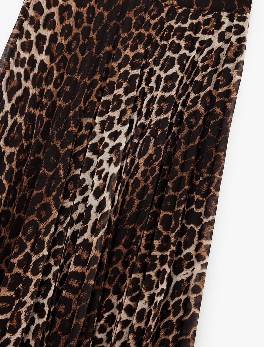   Leopar Desenli Midi Pileli Etek