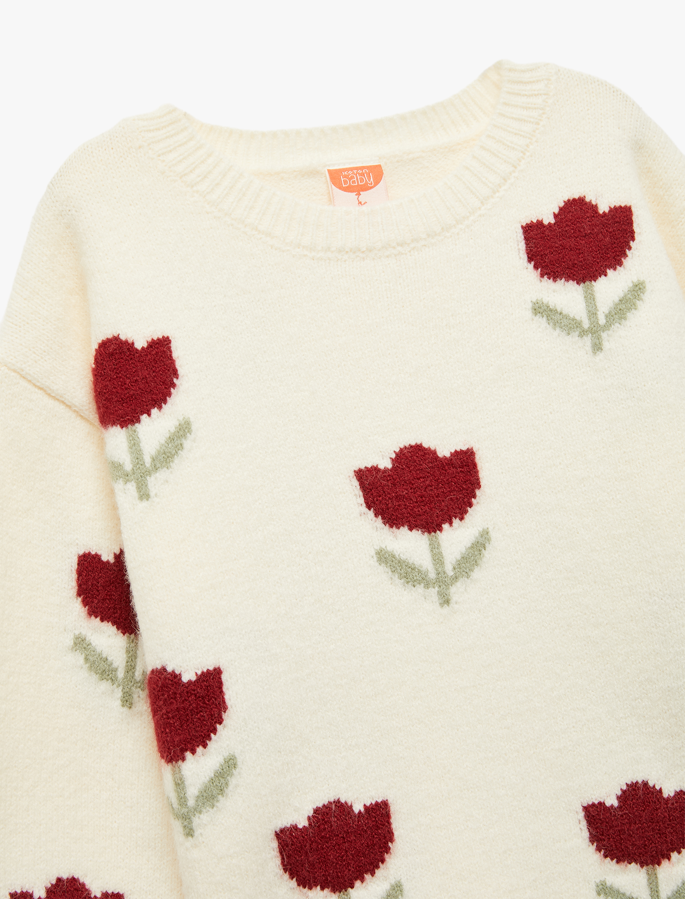  Kız Bebek Uzun Kollu Bisiklet Yaka Çiçek Desenli Triko Kazak