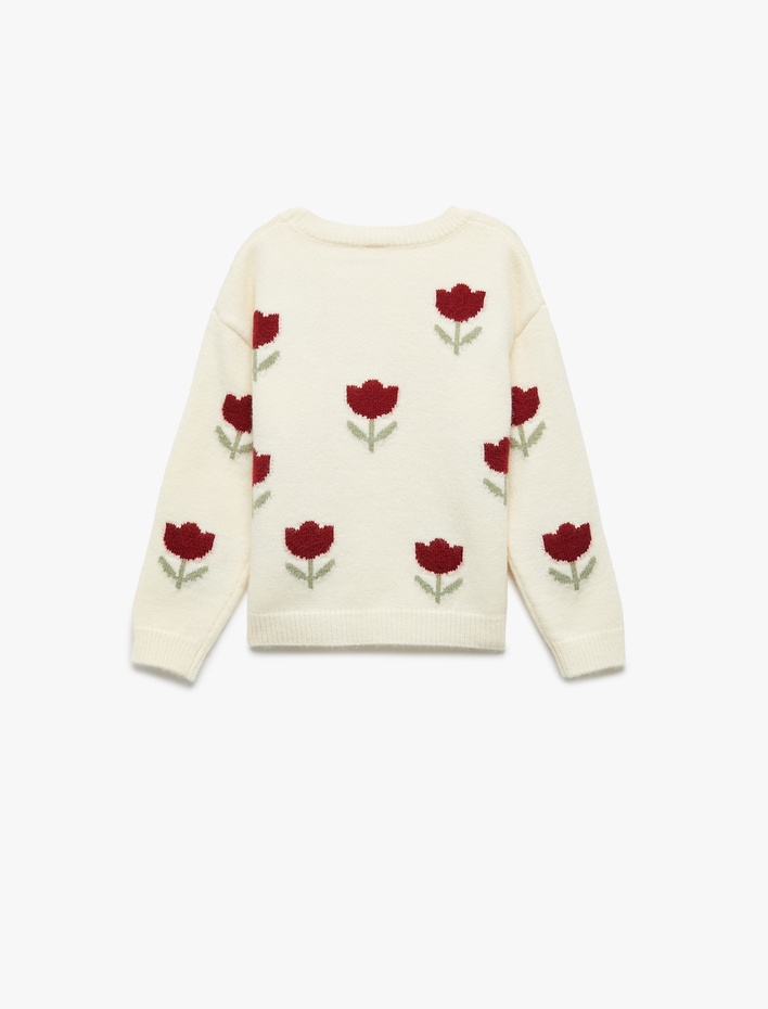 Kız Bebek Uzun Kollu Bisiklet Yaka Çiçek Desenli Triko Kazak