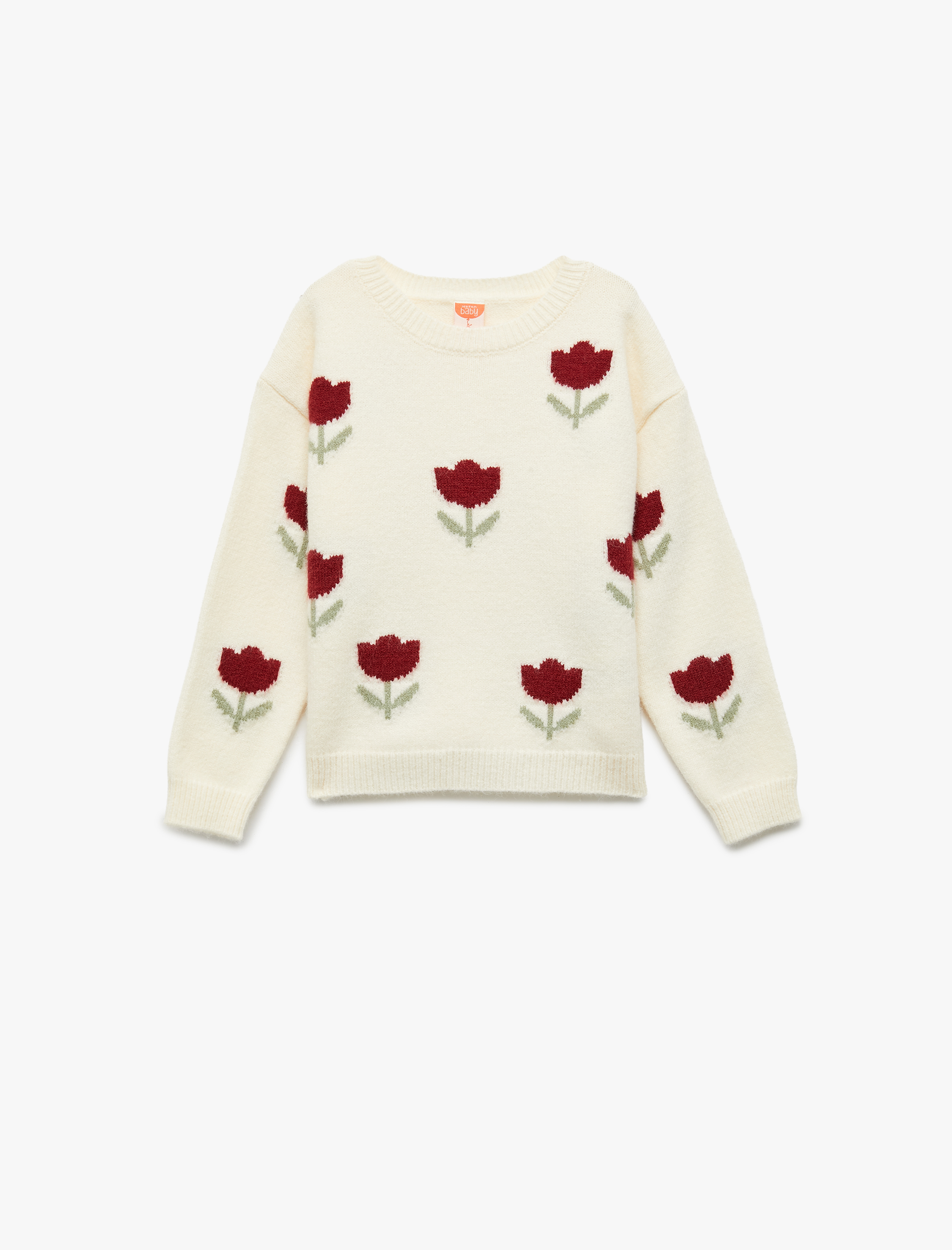  Kız Bebek Uzun Kollu Bisiklet Yaka Çiçek Desenli Triko Kazak