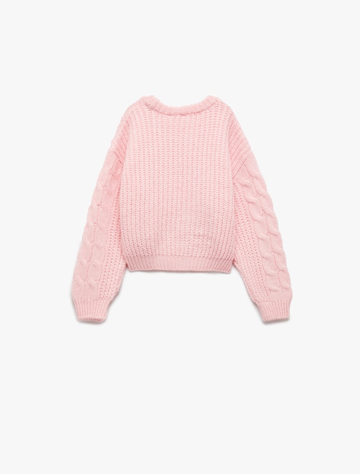 Kız Çocuk Uzun Kollu Bisiklet Yaka Örgü Detaylı Crop Triko Kazak