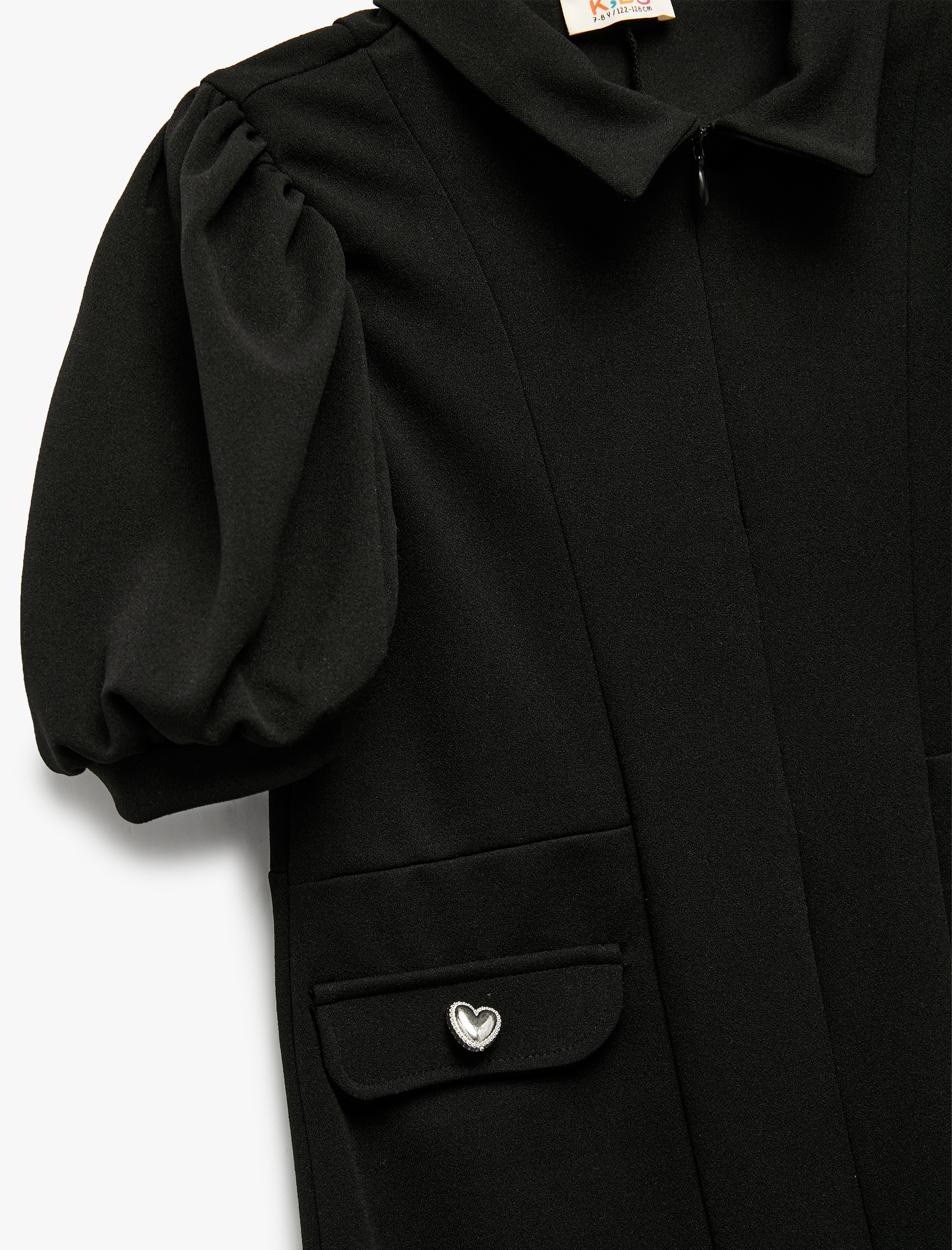  Kız Çocuk Fermuar Detaylı Balon Kollu Gömlek Yaka Elbise