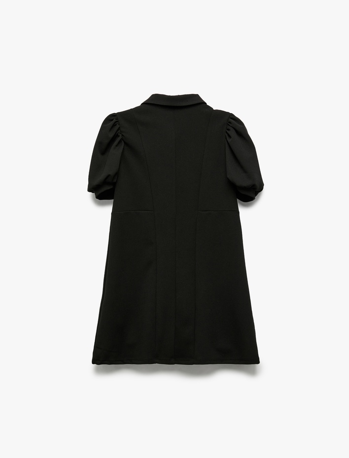 Kız Çocuk Fermuar Detaylı Balon Kollu Gömlek Yaka Elbise