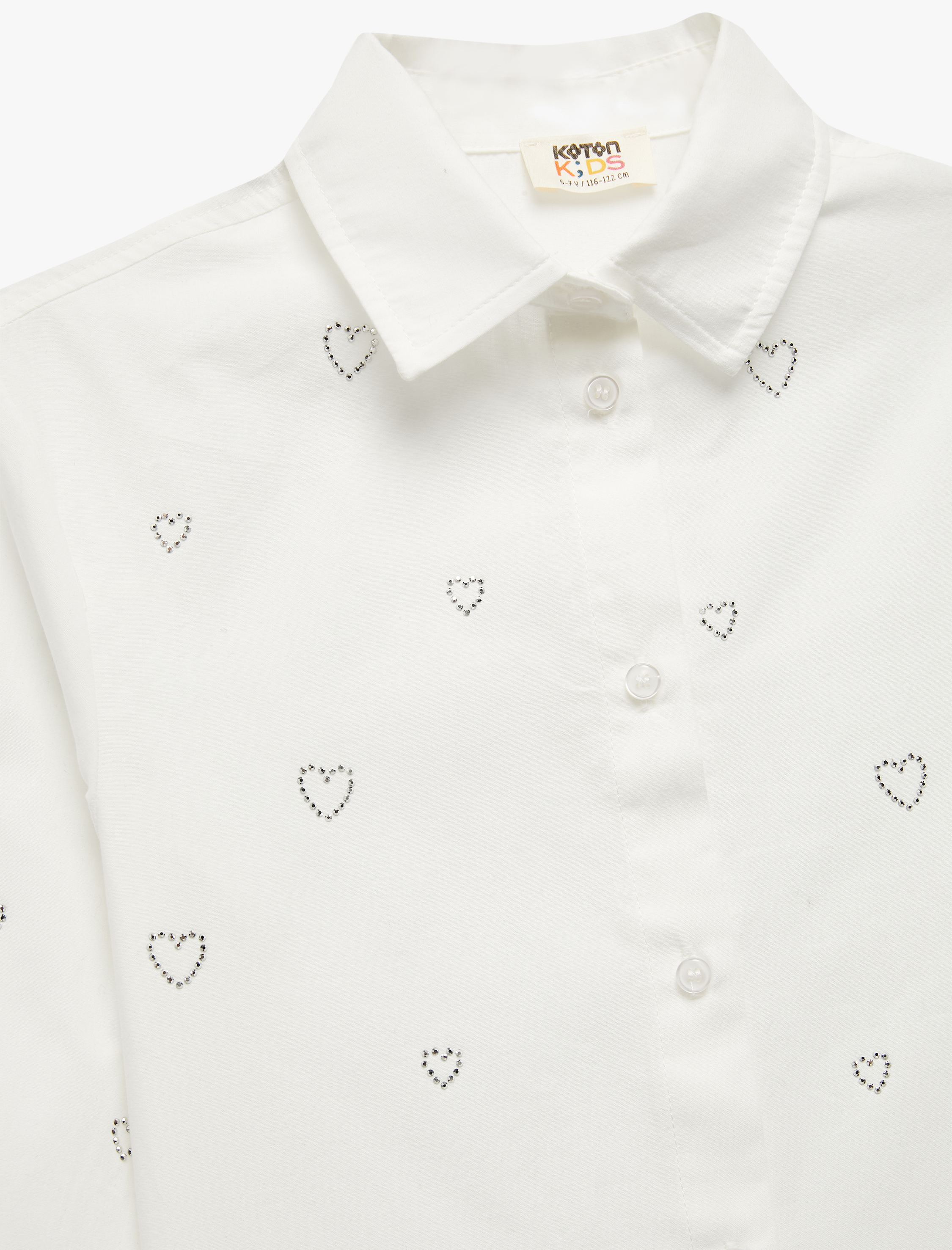  Kız Çocuk Uzun Kollu Kalp Desenli Taş Detaylı Pamuklu Gömlek