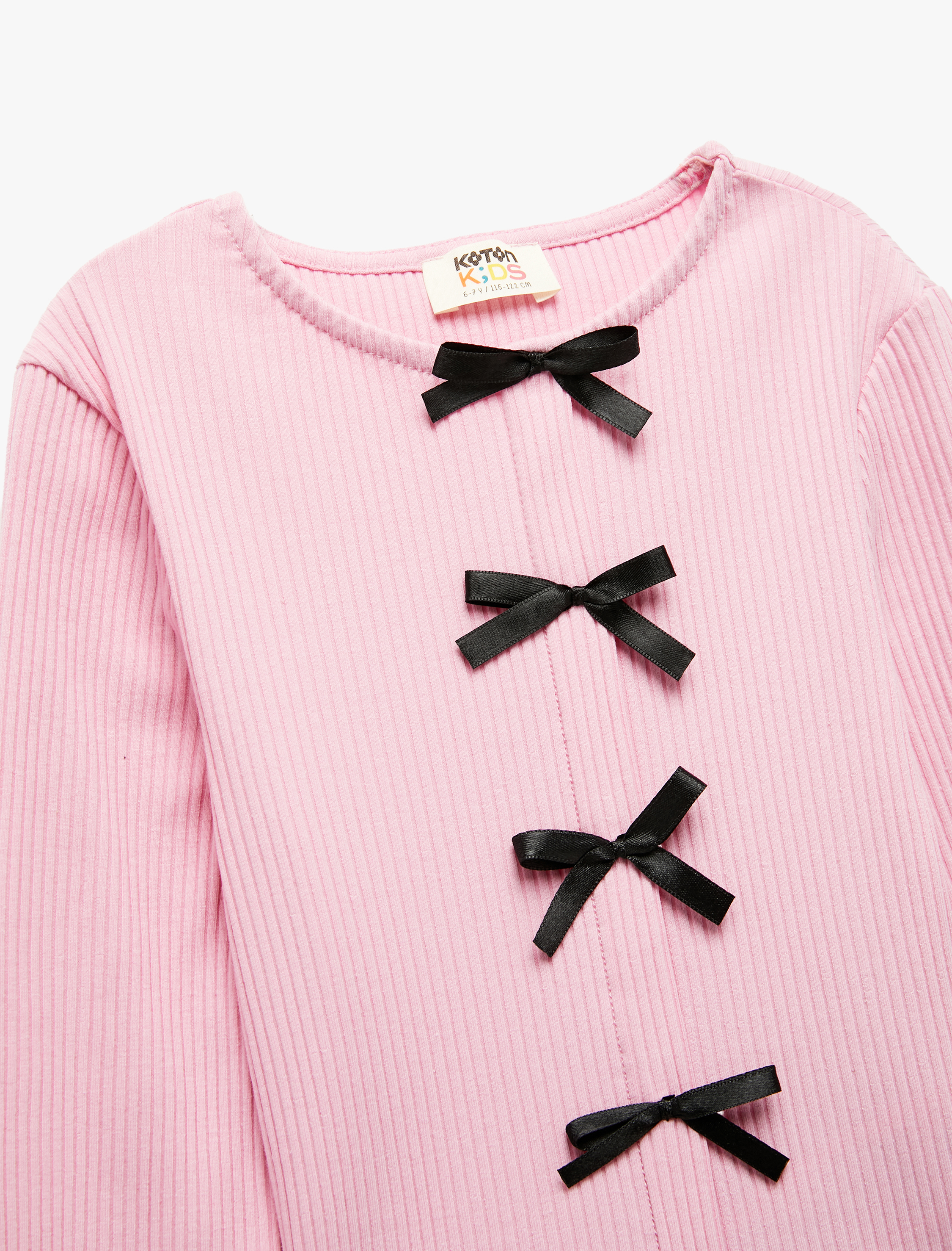  Kız Çocuk Ribanalı Uzun Kollu Bisiklet Yaka Fiyonklu Pamuklu Tişört