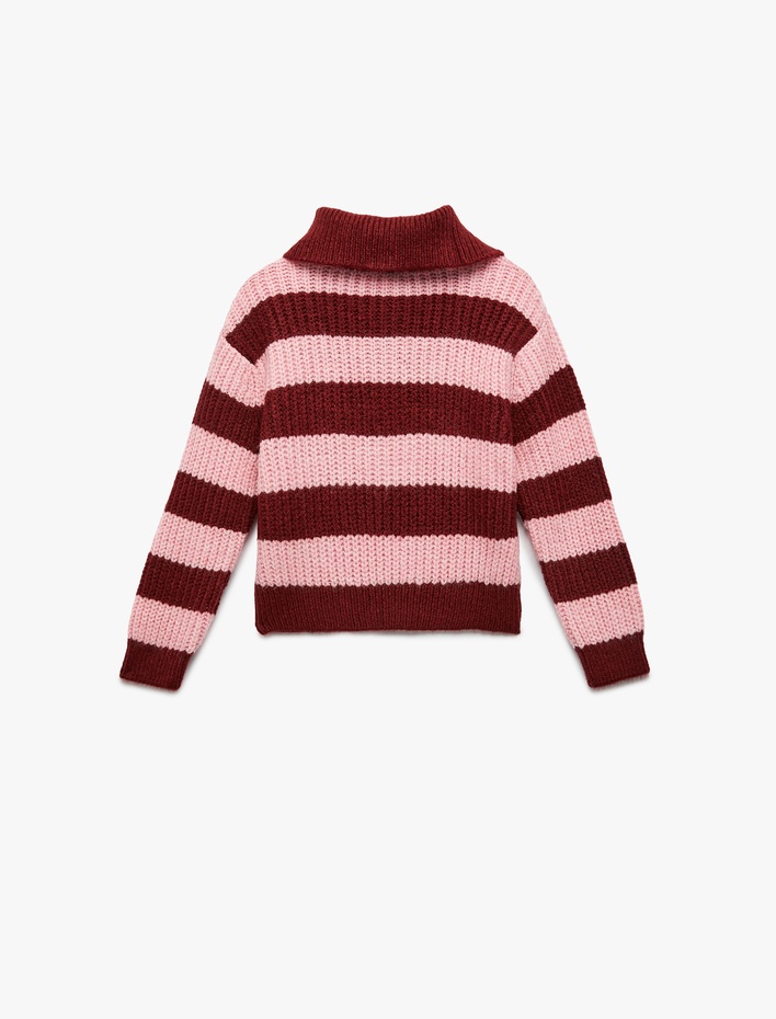 Kız Çocuk Uzun Kollu Fermuarlı Yarım Yaka Çizgili Triko Kazak