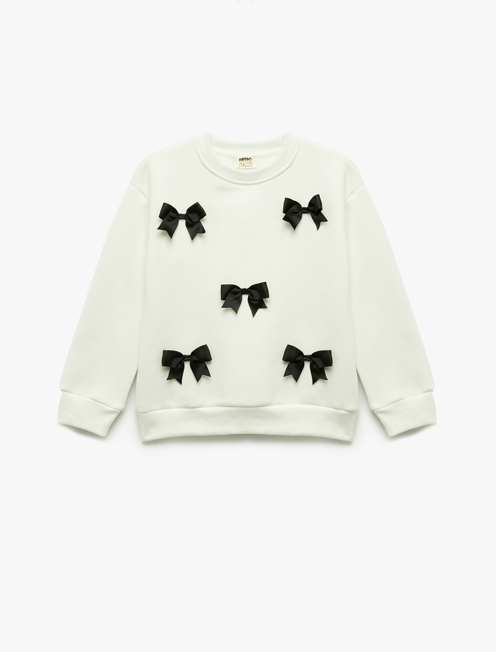 Kız Çocuk Fiyonklu Bisiklet Yaka Şardonlu Uzun Kollu Sweatshirt
