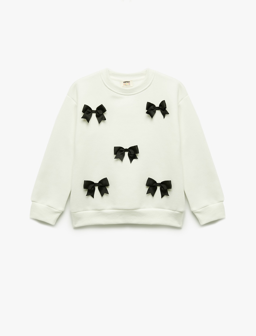 Kız Çocuk Fiyonklu Bisiklet Yaka Şardonlu Uzun Kollu Sweatshirt