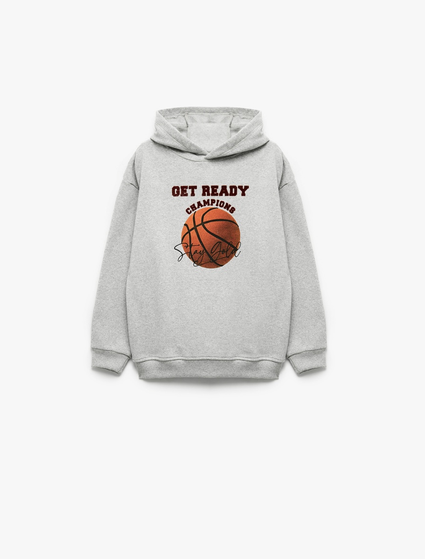  Erkek Çocuk Basketbol Baskılı Şardonlu Uzun Kollu Kapşonlu Sweatshirt