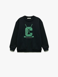 Uzun Kollu Bisiklet Yaka Baskılı Şardonlu Sweatshirt