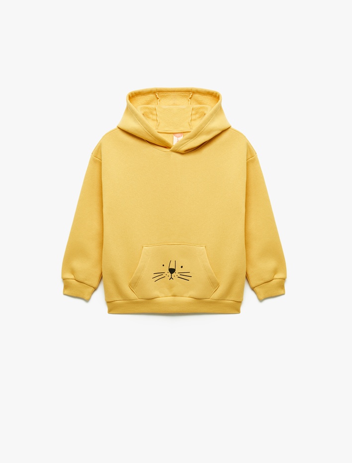Erkek Bebek Şardonlu Uzun Kollu Kanguru cepli Aslan Baskılı Kapşonlu Sweatshirt