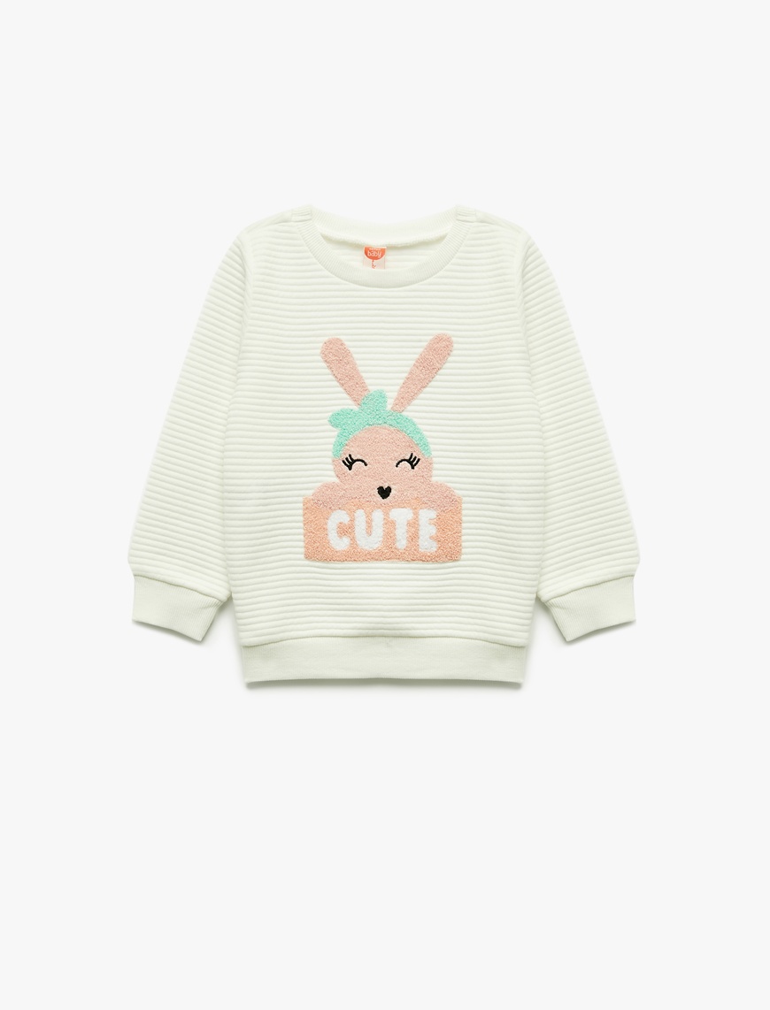  Kız Bebek Bisiklet Yaka Nakışlı Dokulu Uzun Kollu Sweatshirt